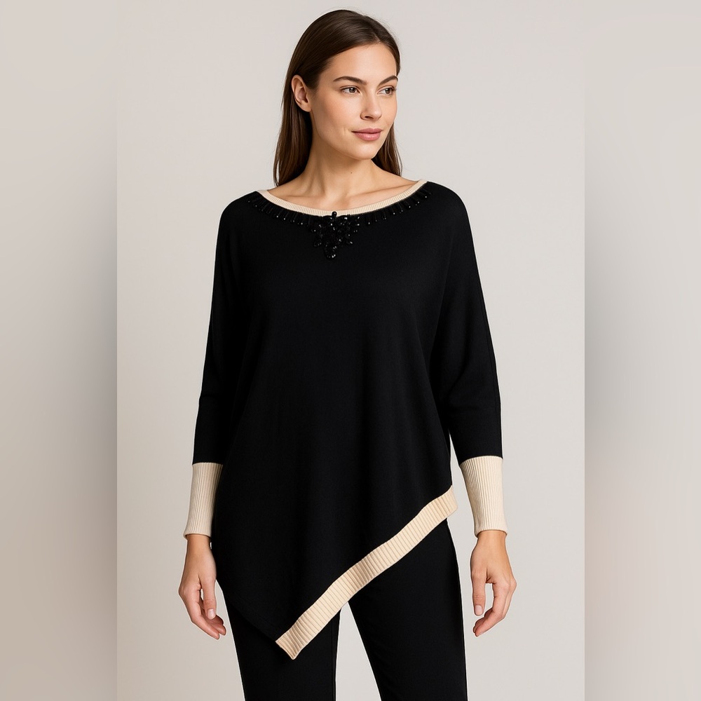 Daniela Drei Italian Merino Wool Asymmetric Sweater Black Cream Beaded Sz L NWT